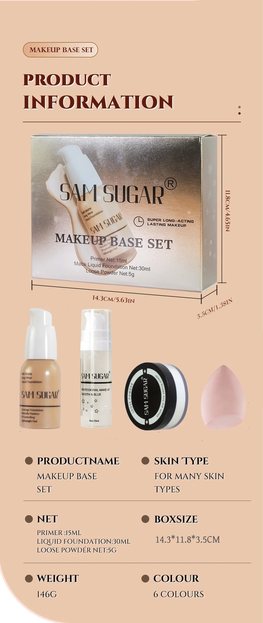 Makeup Base Set With 15ml Primer 30ml Matte Foundation 5g Loose Powder Puff For Smooth Flawless Skin Longwear