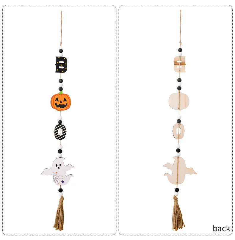 Halloween Wooden Hanging Decorative Ghost Festival Atmosphere Decorations Beaded Witch Pumpkin Bat Pendant Home Party Supplies