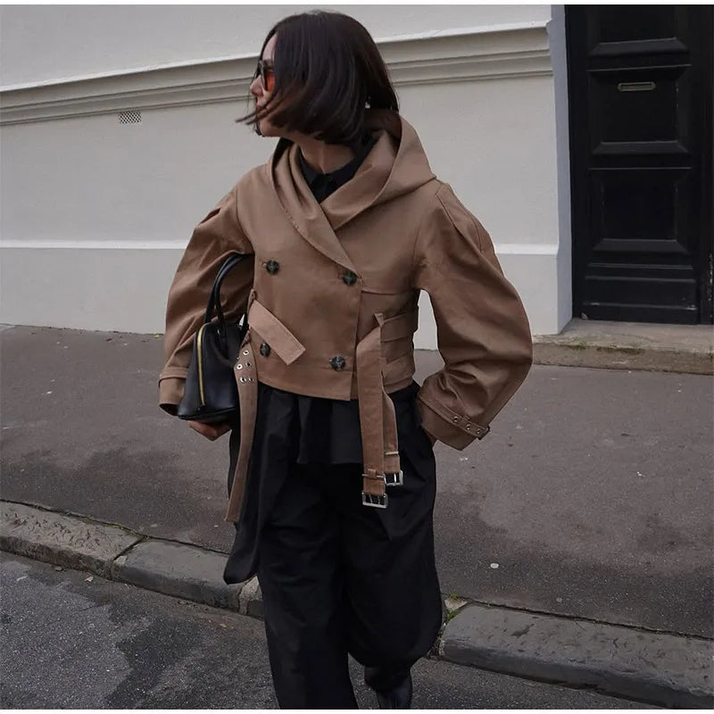 Women's Jacket Chic Double Belt Hooded Full Sleeve Button Female Female Jackets 2025 Autumn Fashion High Street Lady Outwears