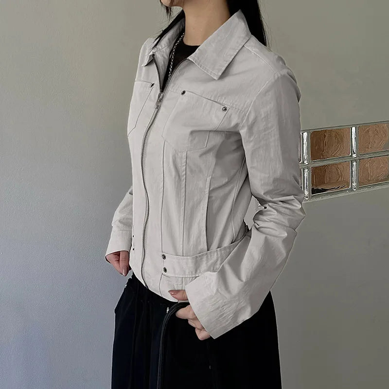 Women Jacket Pocketd Long Sleeve dCasual Zipper Coats Slim Fit Turn Down Collar Solid Outwear Elegant Lady Autumn