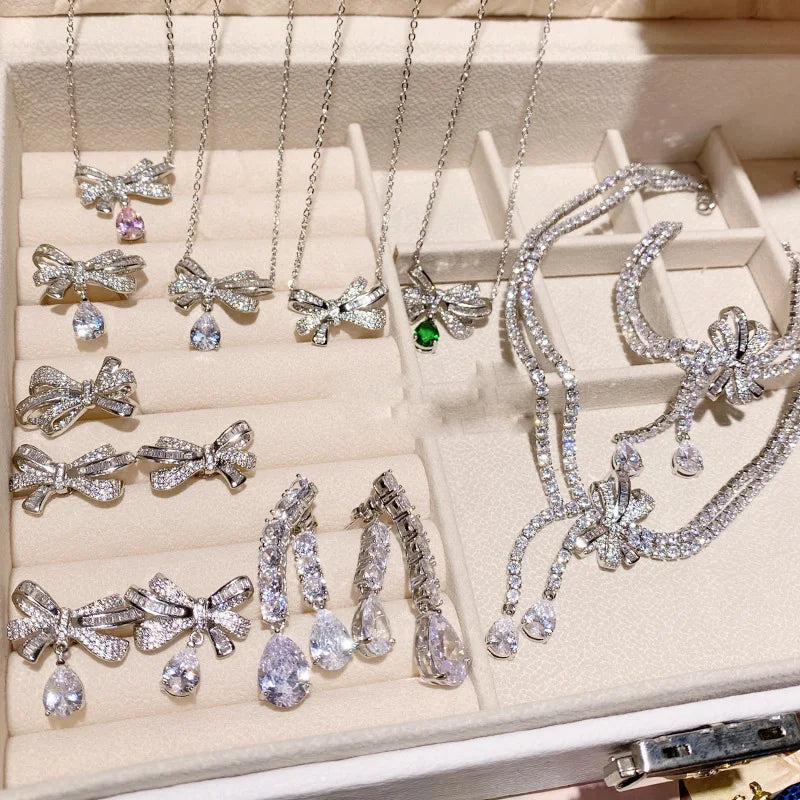 luxury jewelry set for women geometric earrings design bow necklace