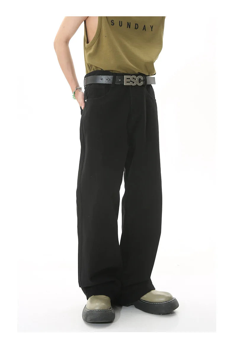 White Men Fashion Straight Loose Jeans Korean Style Mid High Denim Summer Versatile Wide Leg Trousers 2025 New Male Street Red