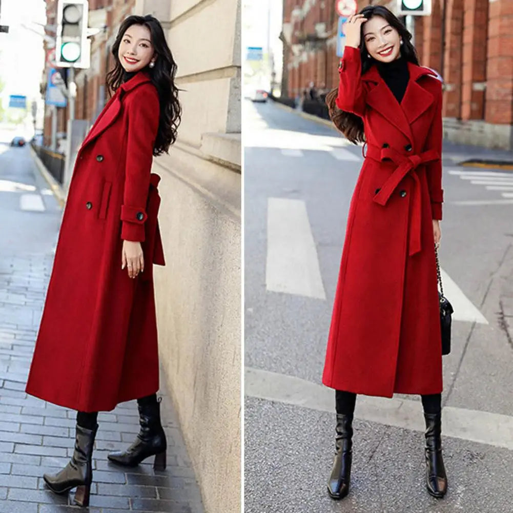 Winter Overcoat Elegant Double-breasted Waist Belt Long Woolen Jacket Fashion Thermal Thick Women Trench Coat Winter Wool Coat