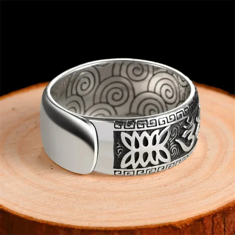 925 Silver Ring Male Finger Accessories Personality Retro Buddhist Scripture Mantra Om Mani Padme Hum Ring For Men Adjustable