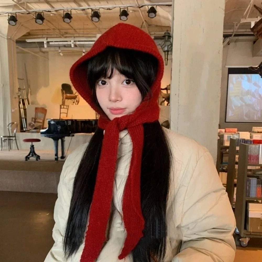 Fashion Winter Balaclavas Cap Warm Thick Knitted Hooded Hat Ski Windproof Neck Collar Scarf Cap Beanie