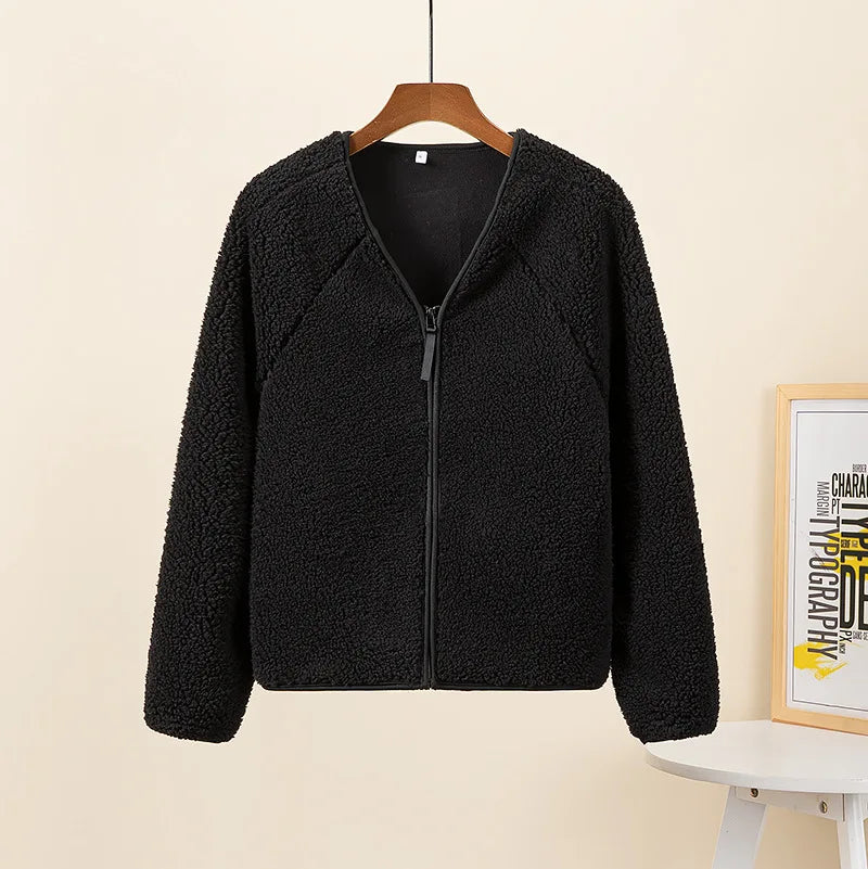 Women Lambswool Jackets 2025 Autumn Winter Thicken Warm Lady Long Sleeve V-neck Outrewear Solid Color Female Chic Zipper Coats