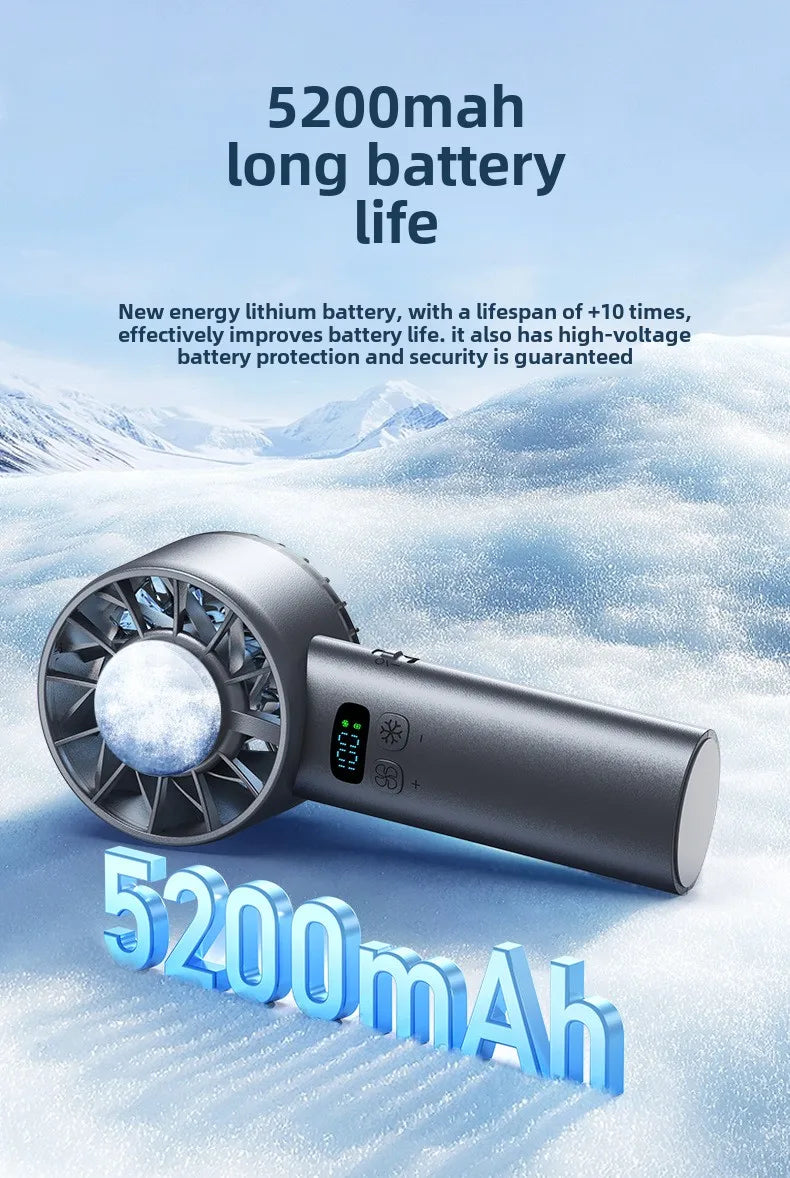Ice compress high-speed cooling fan handheld fans USB Rechargeable portable mini fan LED Digital Display, Travel,Camping,Outdoor