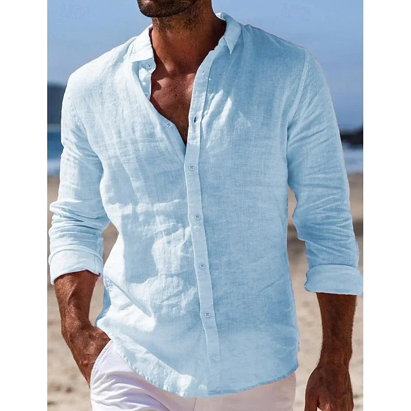 Men's linen shirt summer beach shirt button solid color casual daily black white pink navy blue long sleeved lapel XS-6XL
