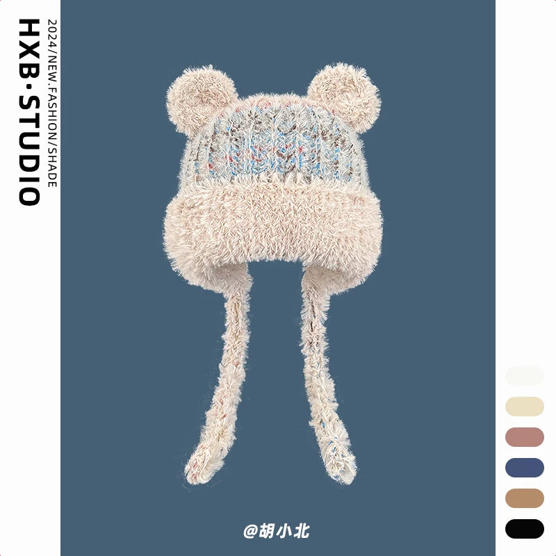 Winter Cute Cartoon Bear Ears Mixed Color Plush Pullover Hat Women Winter Warm Straps Ear Protectors Knitted Skull Beanie Cap