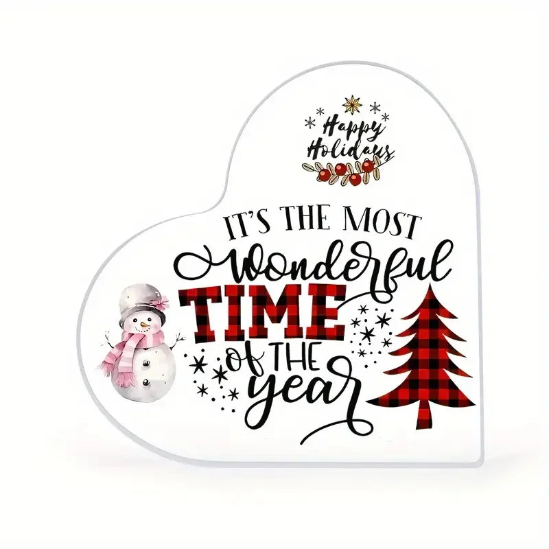 Acrylic Christmas Decoration Sign, Heart-Shaped with Snowman & Tree, 
