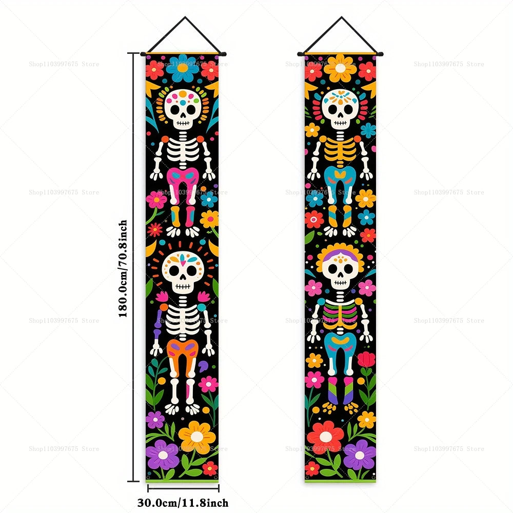 Halloween Decorations Dia De Los Muertos Porch Sign Banners Mexico Day of The Dead Hanging Banner for Indoor Outdoor Wall Decor