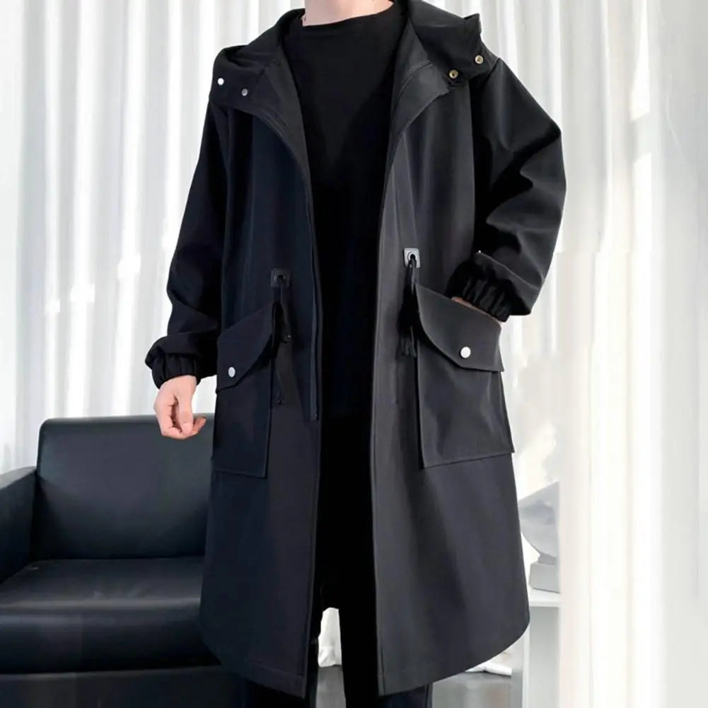 Long Trench Coat Jacket Men Autumn Spring Black Hip Hop Japanese Coats Streetwear Male Hooded Green Khaki Casual Jackets