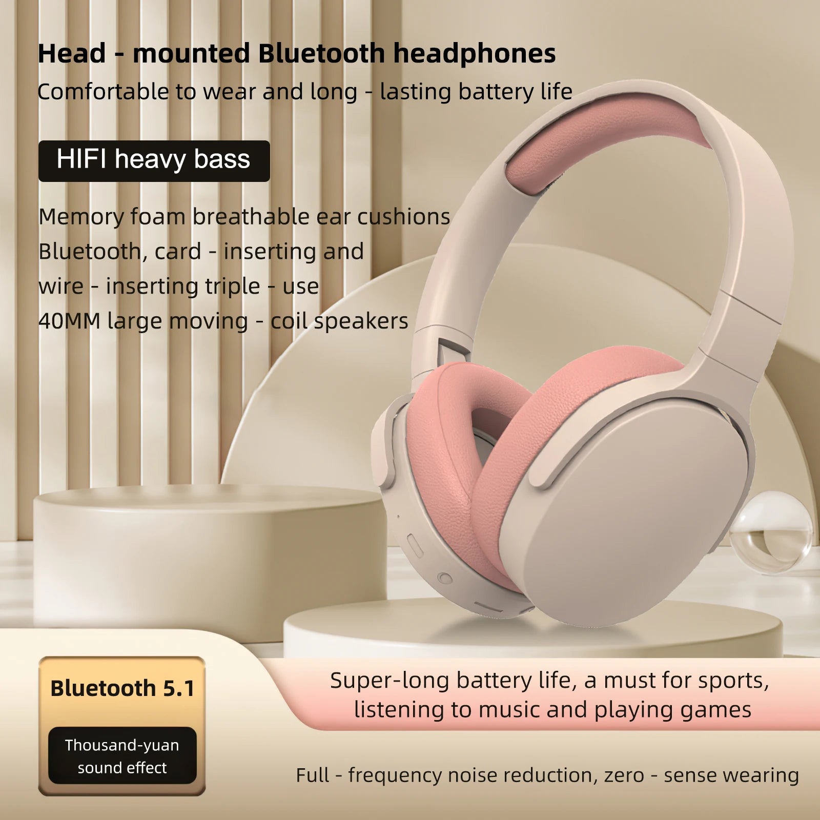 Wireless Headphones Bluetooth 5.1 Over Ear HiFi Stereo Headset True Wireless Sports Earphones Noise Cancelling Gaming Headphones