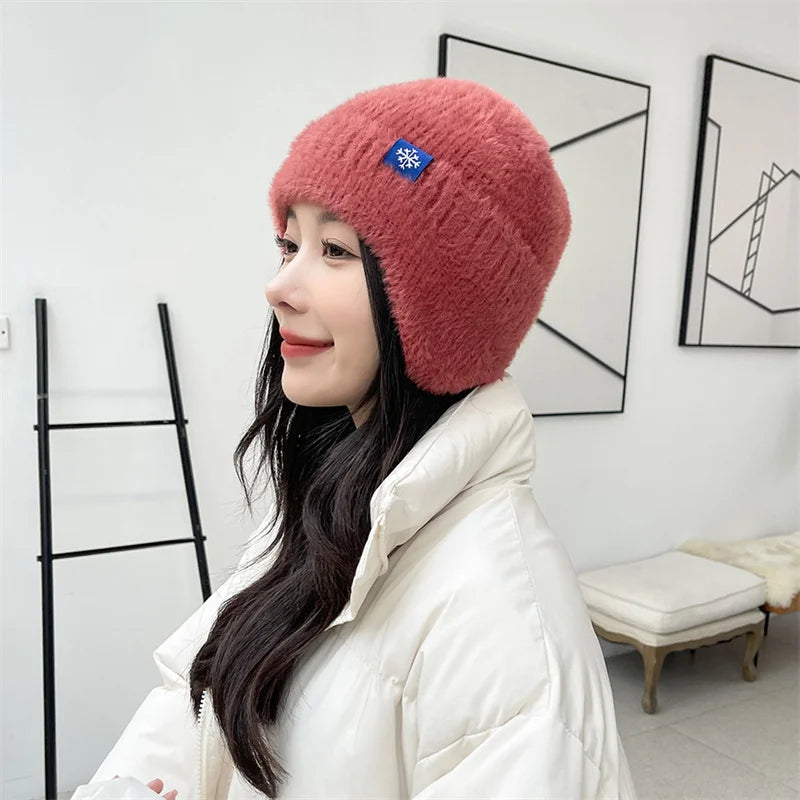 Winter Women Earflap caps Snowflake knitted hats Ear protection hats  Adult Ladies casual mohair beanie cap Gorros