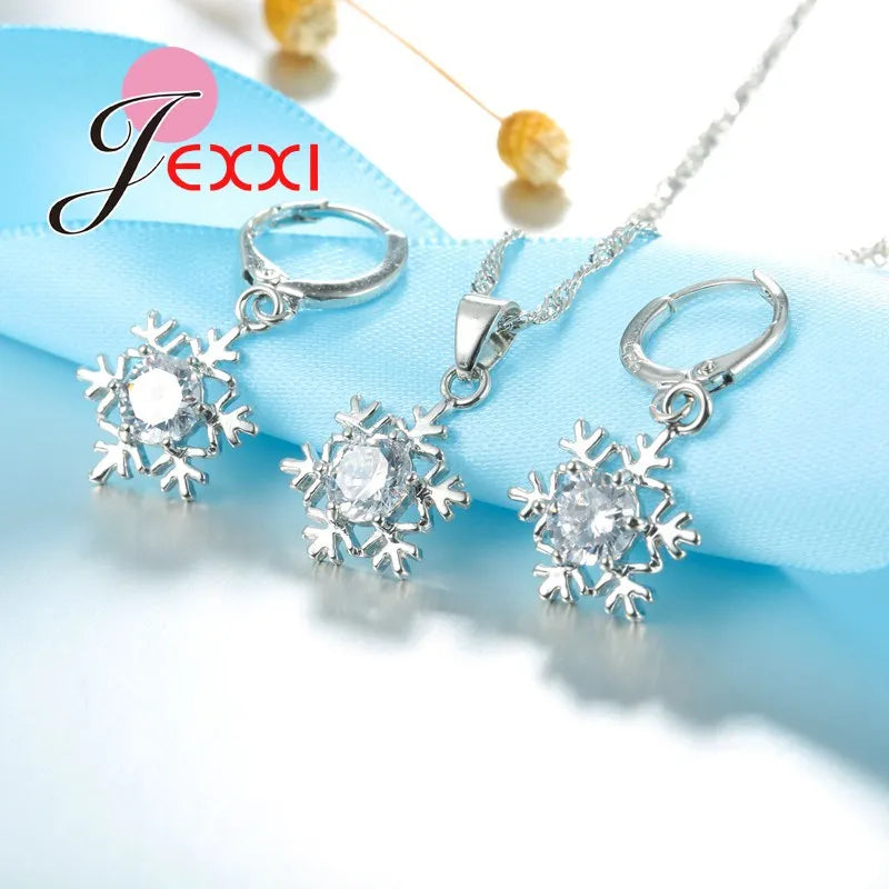 Luxury Women Wedding Bridal Jewellery Set Genuine 925 Sterling Silver Snow Shape Zircon Crystal Necklace Earrings Jewelry Sets
