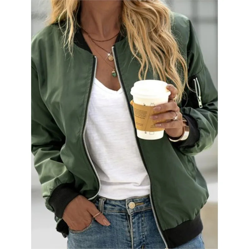 Women Fashion Casual Jacket 2025 Autumn Solid Color Spring Coat Long Sleeve Stand Collar Zipper Basic Women Motorcycle Jackets