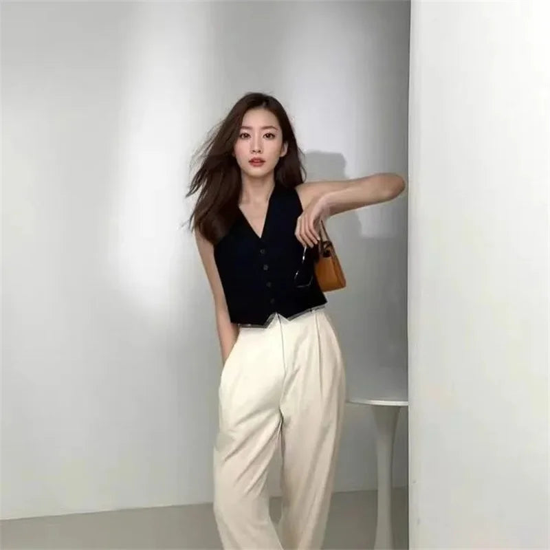 White Black Suit Vest Jacket For Women 2025 New Summer V-neck Short Style Sleeveless Jacket Fashion Lined Blazers Vest Waistcoat