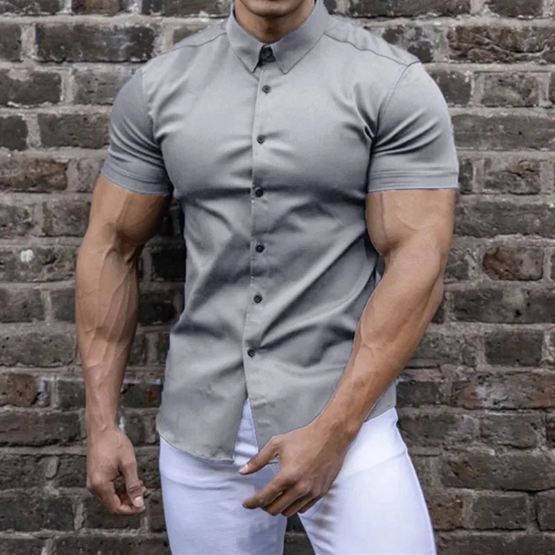 Men's Single-breasted Shirt Casual Cardigan Short-sleeved Lapel Shirt Slim-fit Elastic Sports Fitness Solid Color New Summer