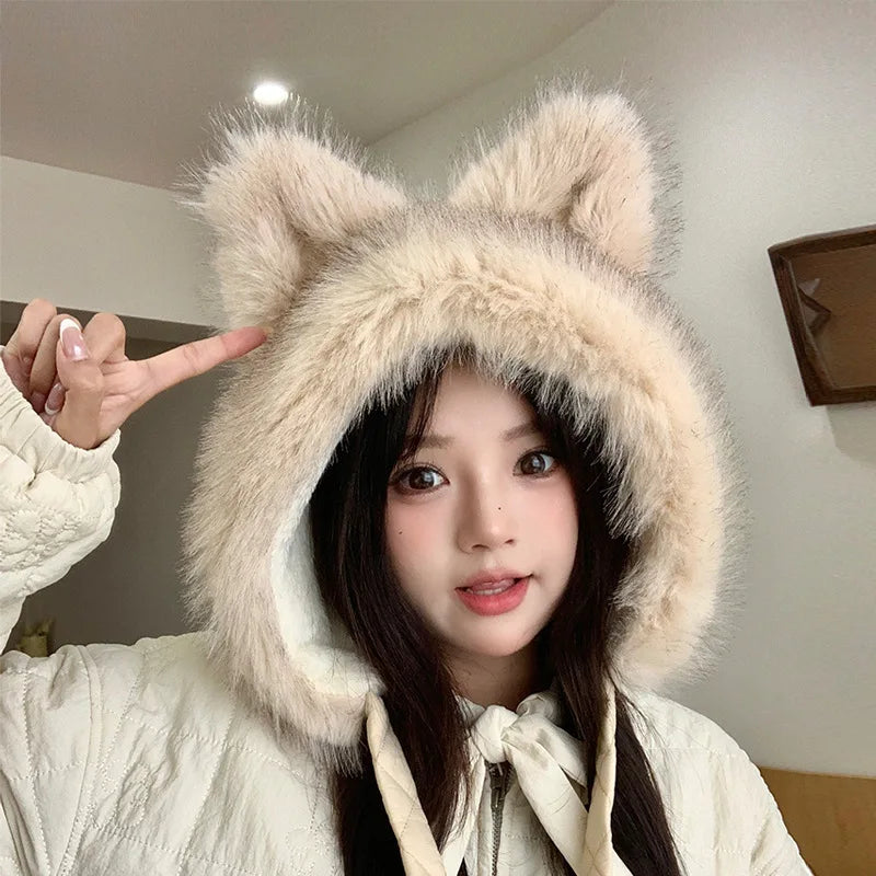 Winter Hat Thicken Ski Beanie Hat for Women Balaclava Spicy Girl Style Cat Girlfriend Hat Outdoor  Warm Protection Accessories