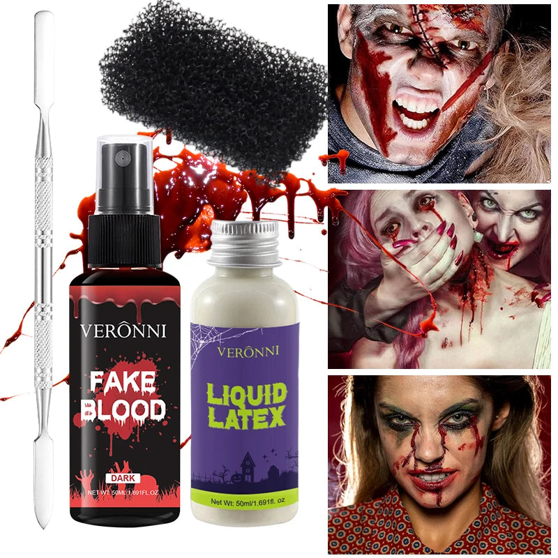Halloween Makeup Kit-Liquid Latex SFX Cosmetic,Realistic Fake Blood & Wax with Spatula,Washable SFX Makeup for Halloween,Cosplay
