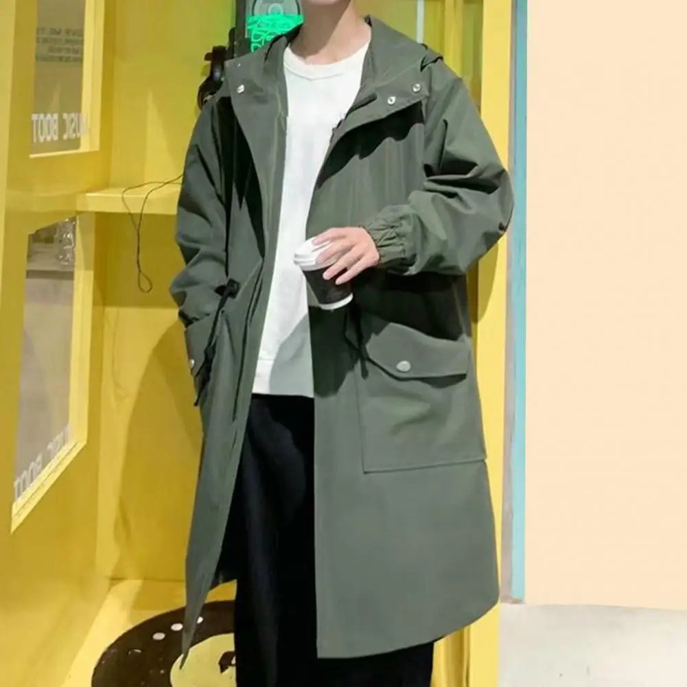 Long Trench Coat Jacket Men Autumn Spring Black Hip Hop Japanese Coats Streetwear Male Hooded Green Khaki Casual Jackets