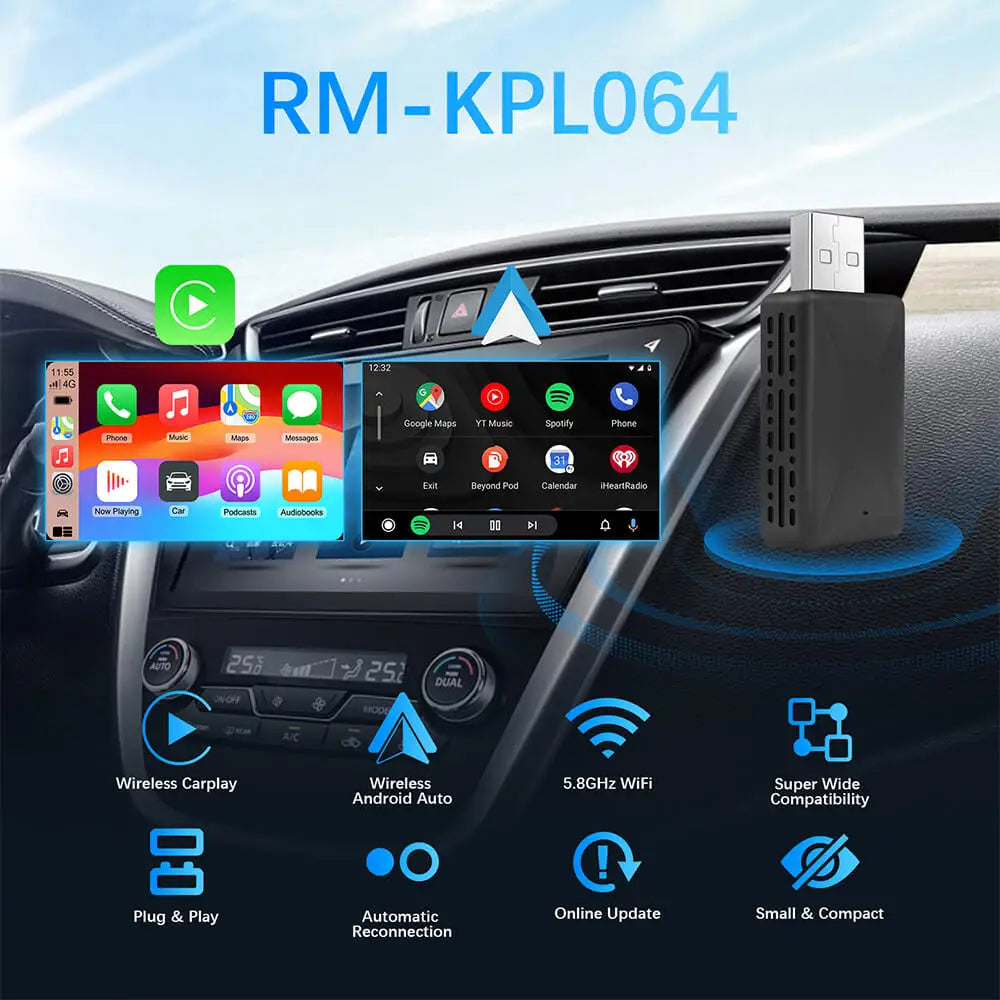 2in1 Wired to Wireless CarPlay Android Auto Adapter for OEM Car Stereo With USB Plug and Play