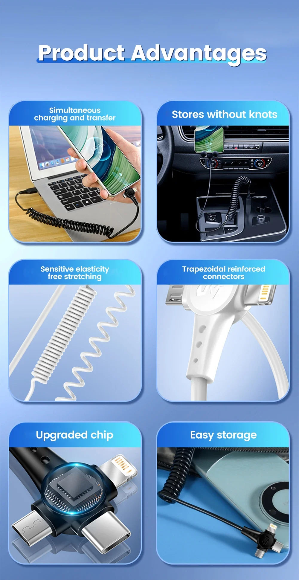 120W 3-in-1 USB C Cable Super Fast Charging Spring Retractable Data Cable For iPhone Huawei Xiaomi Phone Quick Charger Data Cord