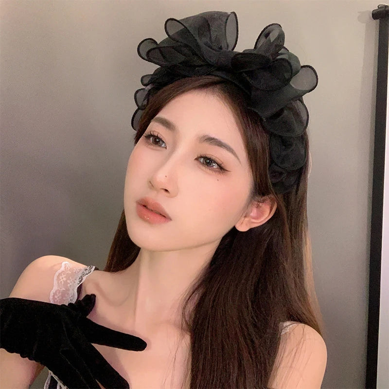 Women Originality Ruffled Edge Stylist Accessories Hair Hoop Fashion Korea Retro Black Mesh Big Bow Headband Hair Accessories