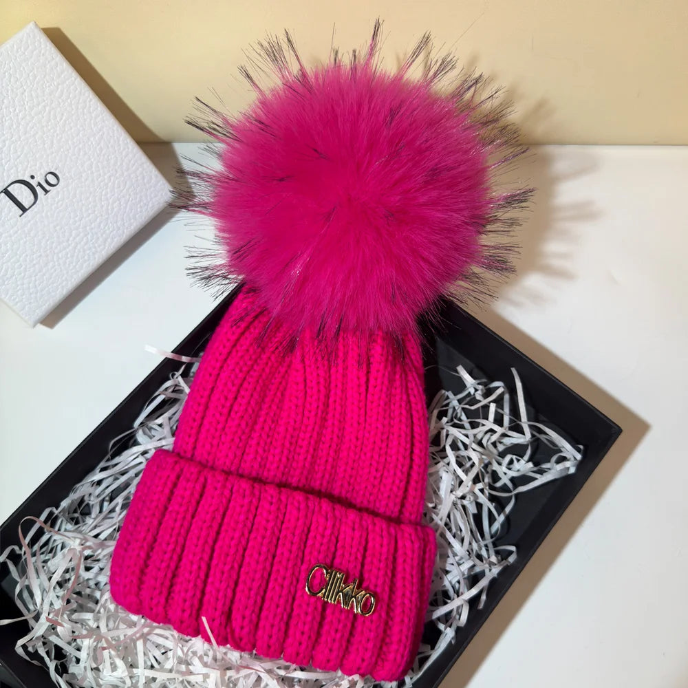 Winter Brand Female Fur Pom Poms hat Winter Hat For Women Girl 's Hat Knitted Beanies Cap Hat Thick Women Skullies Beanies