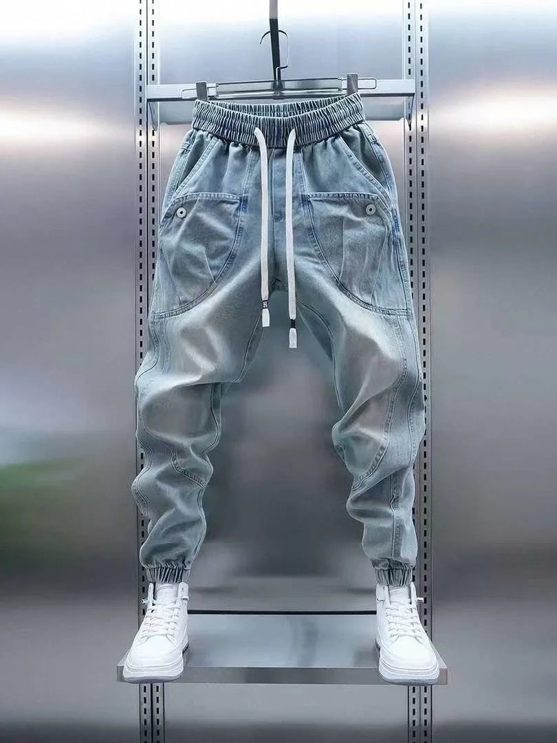 Waed Denim Jeans Men's Spring Autumn Large ket Harlan Casual Pants Blue Trendy Trousers Straight Leg Loose Fit Jeans