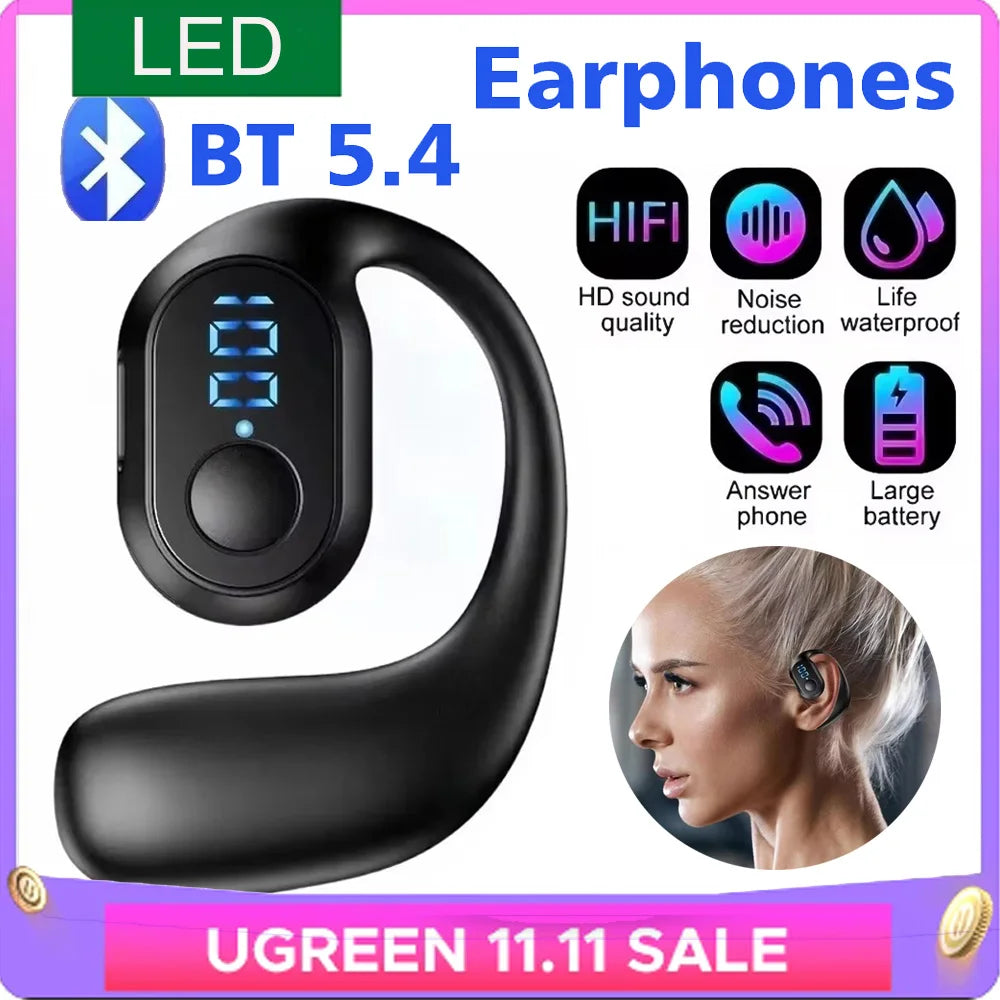 Bluetooth 5.4 Headphone Wireless Ear Hook Earphone LED HiFi Stereo Noise Reduction Clip Headset Waterproof Earbud For Phone New