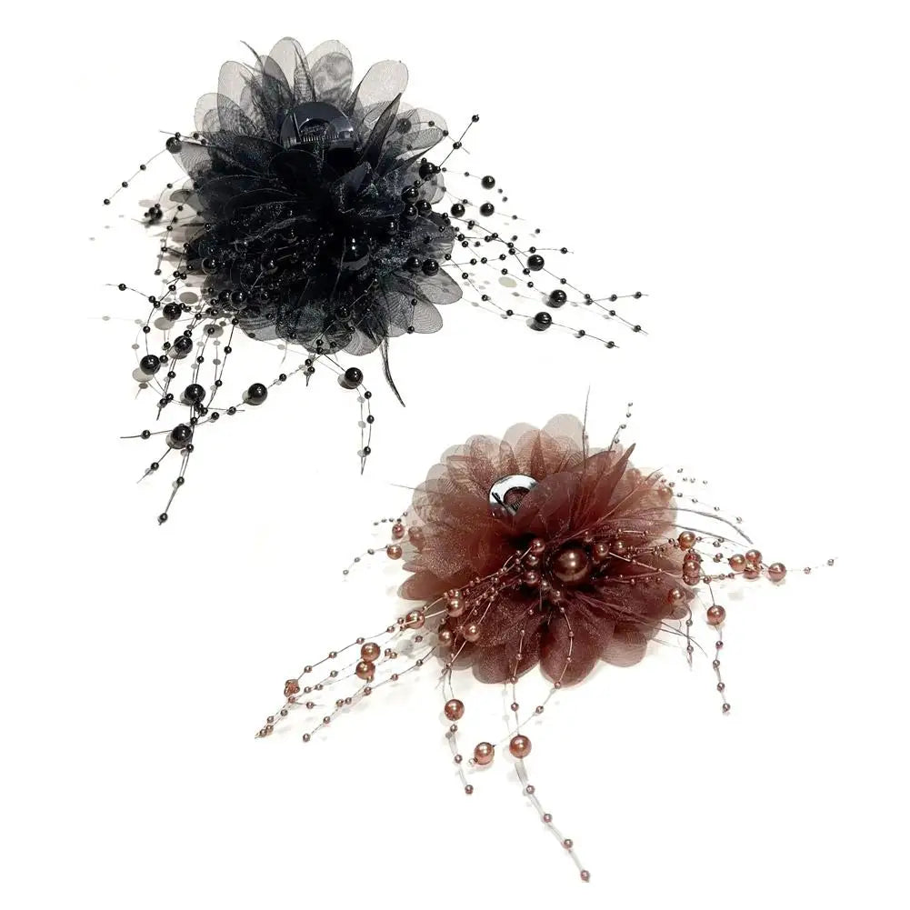 Women Fashion Hair Accessories Girls Flower Hair Claw Pleated Organza Pearls Black Feather Grip Shark Hair Clip Female Headwear