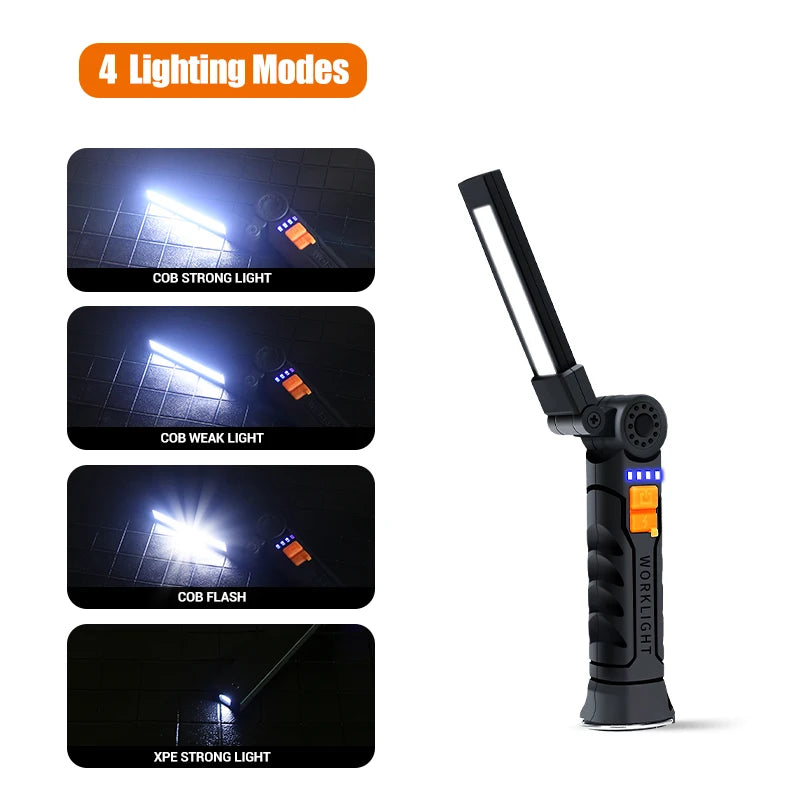 COB LED Work Light Dimmable USB Rechargeable LED Flashlight Inspection Lamp With Magnetic Hook Power Bank 18650 Battery Torch