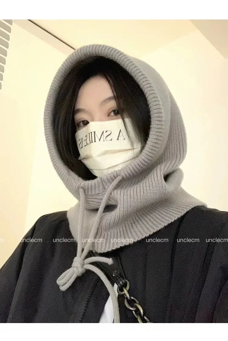Winter Balaclava Hats For Men&Women Unisex Knitted Hooded Caps Outdoor Warmer Drawstring Hats One-Piece Neck Collar Beanies Cap