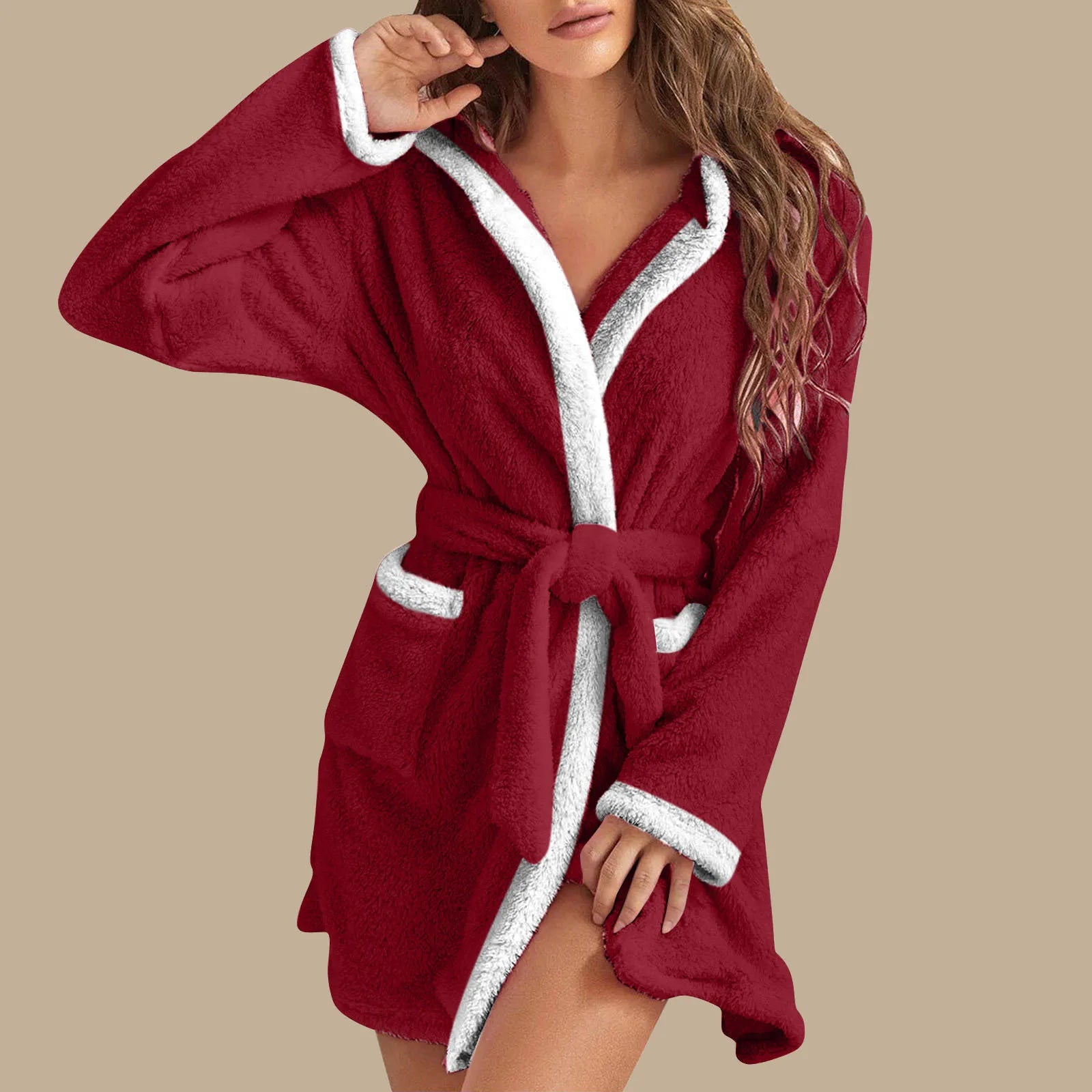 Women's Winter Casual Plush Robe Solid Color Matching Double Pocket Strappy Nightgown Fuzzy Bathrobe Coats Home Clothed Ladies