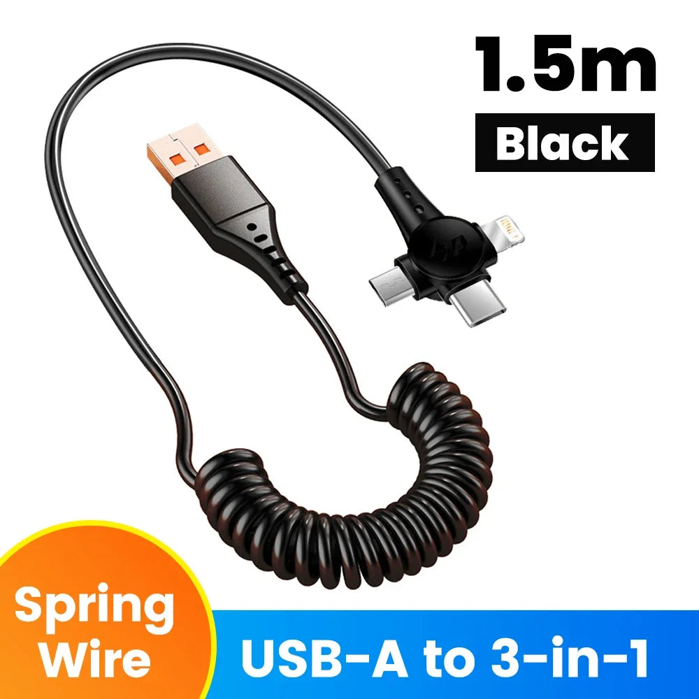 120W 3-in-1 USB C Cable Super Fast Charging Spring Retractable Data Cable For iPhone Huawei Xiaomi Phone Quick Charger Data Cord