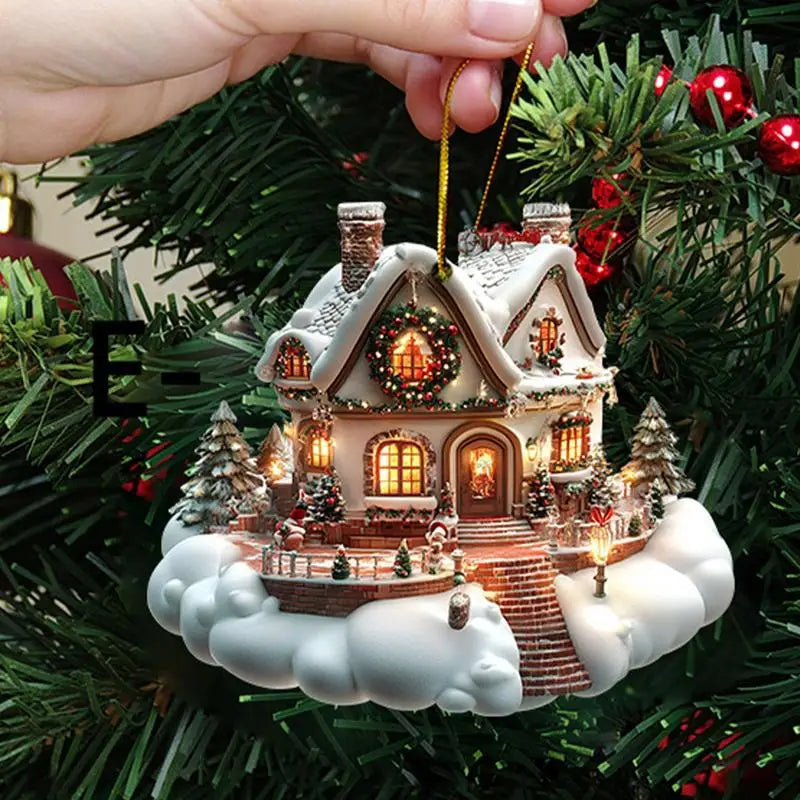 Christmas Small Village House Pendant Creative Winter Snow House Xmas Tree Hanging Ornament 2025New Year Gift Home holiday Decor