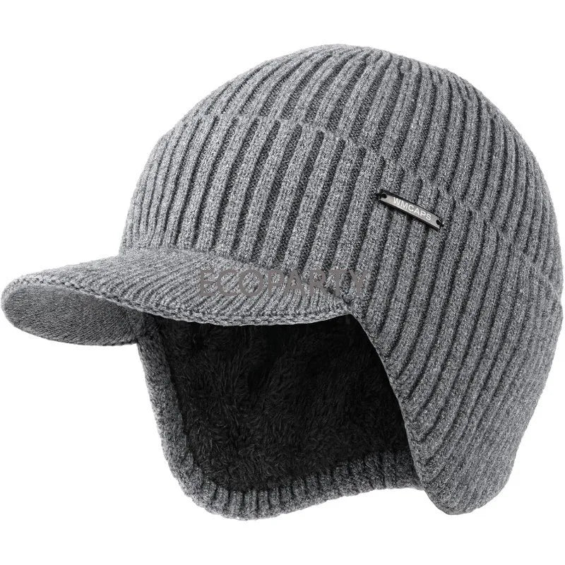 Winter Beanie with Brim and Ear Flaps, Outdoor Warm Fleece Lined Knit Hat Stocking Caps for Men Women bucket hat  winter hat