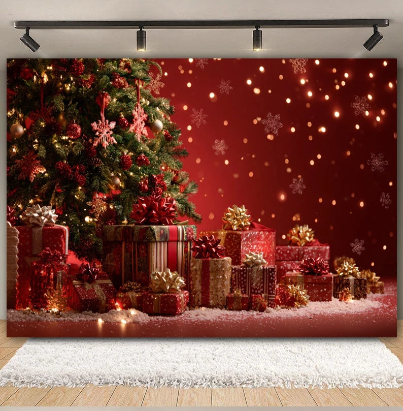 Christmas Day Decor Backdrop for Photography Xmas Tree Red Room Wall Glitter Gift Family Holiday Portrait Decor Photo Background