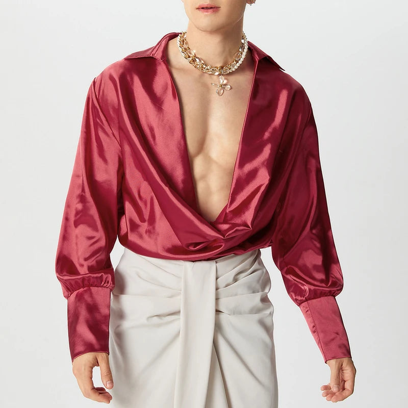 Men Shirts Casual Stylish Style Tops INCERUN Men's Shirts Sexy Male Solid Color V Neck Long Sleeve Fashion Men Clothing 2025