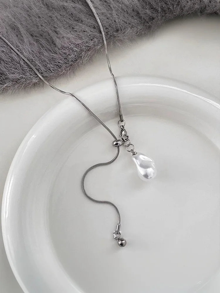 For Women Adjustable Chain Sweater Accessories Fashion Jewelry Stainless Steel Pearls Long With Baroque Pearls Necklace