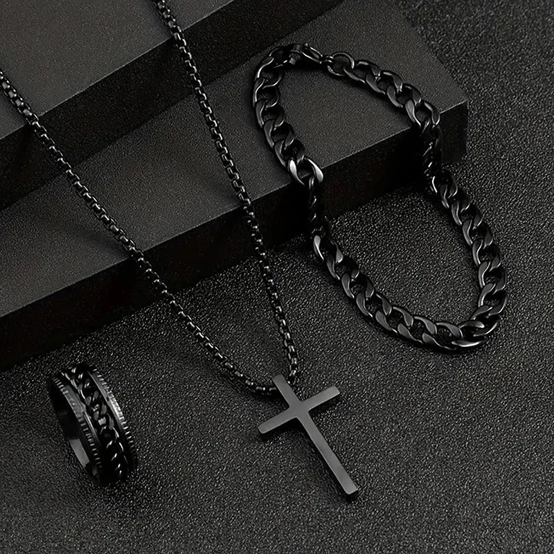 Men's Set Simple Personality Hip Hop Party Jewelry Accessories 3Pcs Punk Cross Pendant Necklace Bracelet Chain Ring