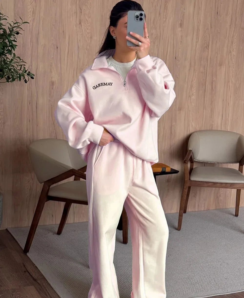 Fashionable Women's Sports Suit, Solid Color Loose Lapel, Long-sleeved Top, Straight-leg Pants, 2025 Women's Casual Sports Suit