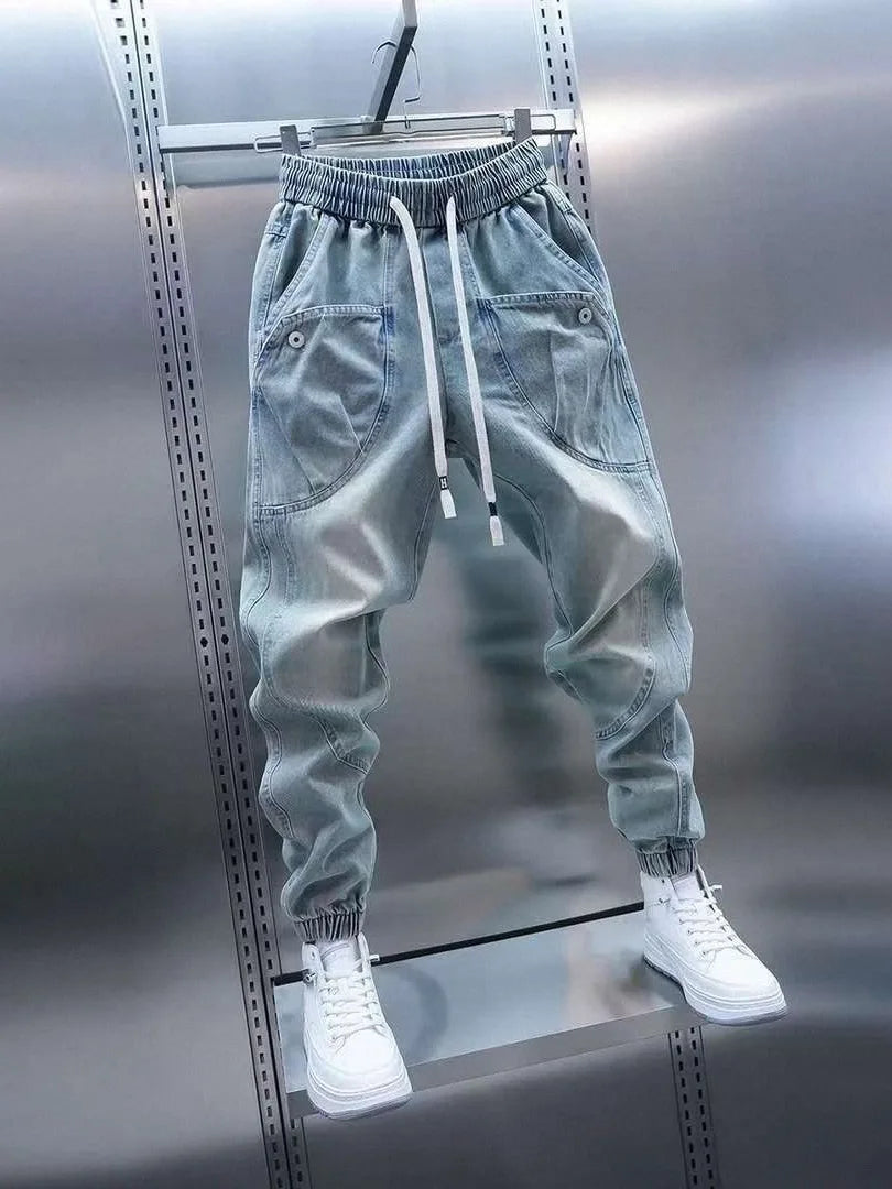 Waed Denim Jeans Men's Spring Autumn Large ket Harlan Casual Pants Blue Trendy Trousers Straight Leg Loose Fit Jeans