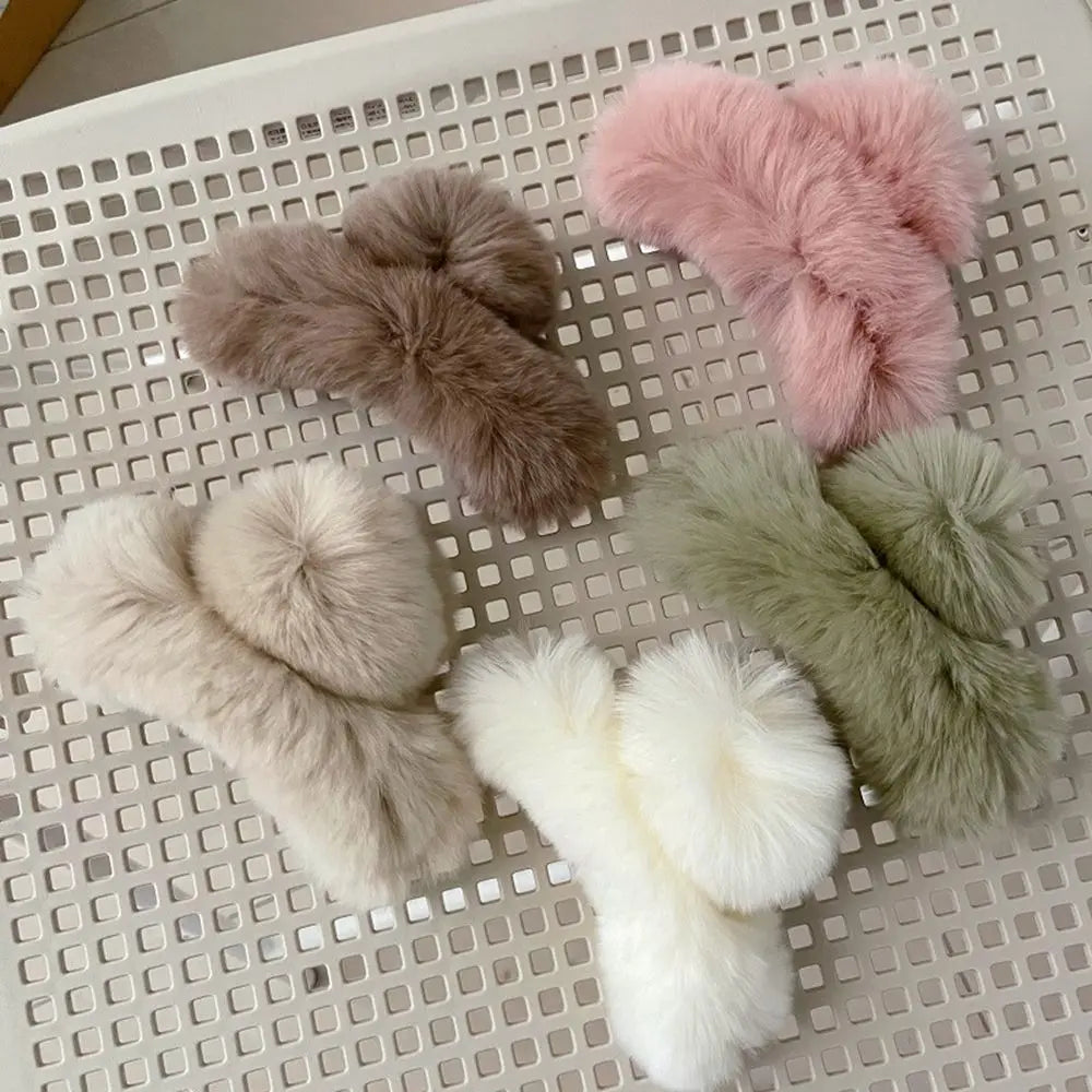 Autumn Winter Headwear Pure Color Rabbit Fur Female Hair Accessories Korean Style Hair Clip Leopard Grasp Clip Plush Hair Claw