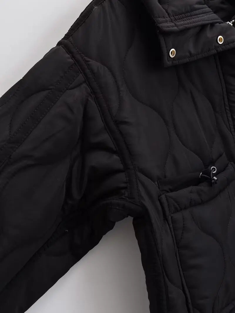 Quilted coat for women ETJ 2024traf QUILTED JACKET WITH TIES new beige drawstring high neck pocket clip cotton jacket for women