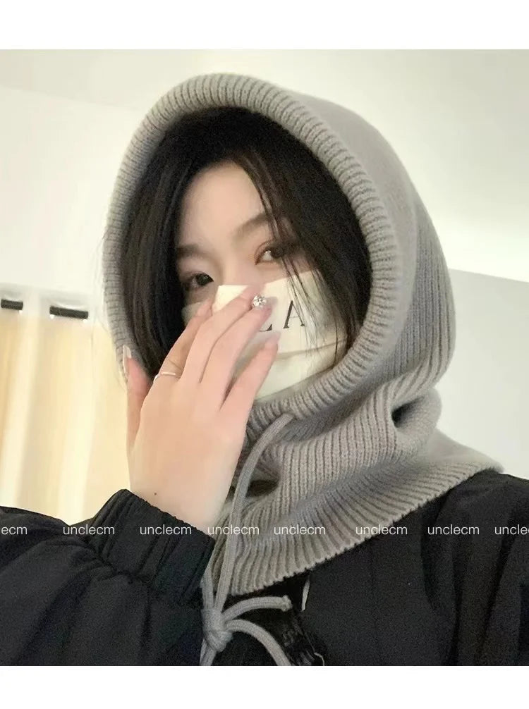 Winter Balaclava Hats For Men&Women Unisex Knitted Hooded Caps Outdoor Warmer Drawstring Hats One-Piece Neck Collar Beanies Cap