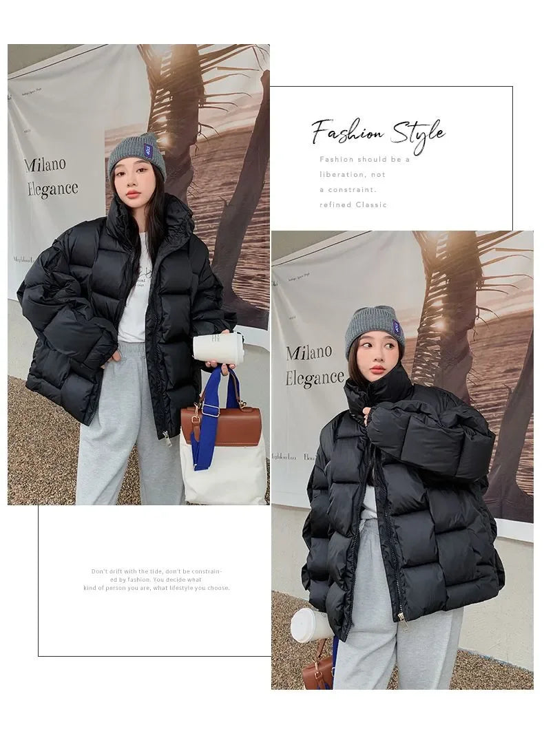 Winter Jacket for Women Three-dimensional Plaid Woven Fashion Coat Solid High Street Warm and Thick 2023 Winter New Down Jacket