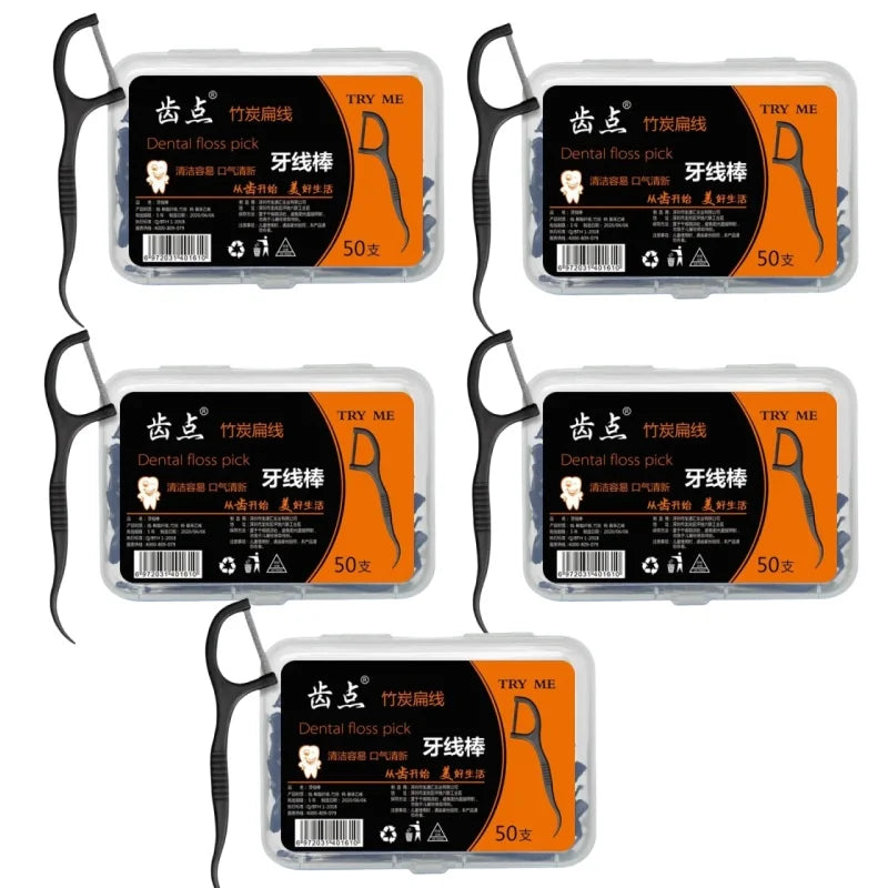 치실 Flat Dental Floss Bamboo Charcoal Dental Toothpick Teeth Cleaning Organic Dental Teeth Floss Tooth Clean Stick Oral Hygiene