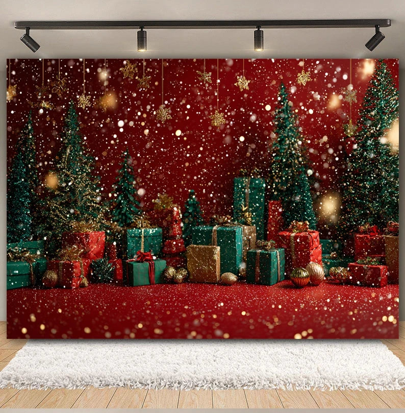 Christmas Day Decor Backdrop for Photography Xmas Tree Red Room Wall Glitter Gift Family Holiday Portrait Decor Photo Background
